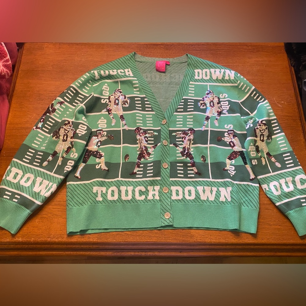 QUEEN OF SPARKLES Green Sequin Football Touchdown Cardigan - Picture 14 of 16